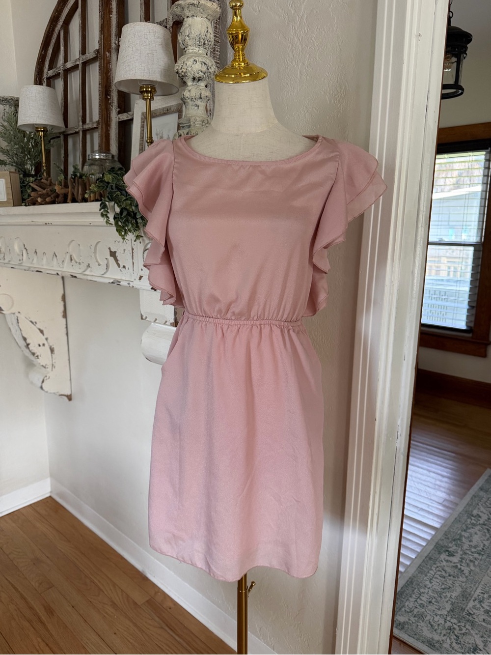 Women's Pink Ruffle Sleeve Elastic Waist Dress